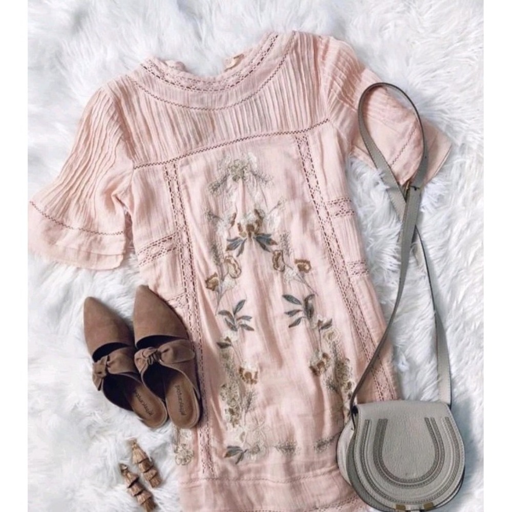 Free People Wind Willow Mini Dress Smoked Peach Embroidered Boho S